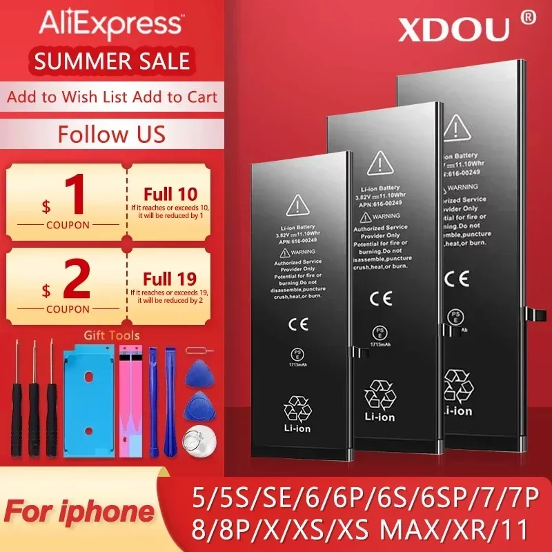 Batería de alta calidad de cero ciclos para iPhone SE, 5, 6, 6S, 5S, 7, 8, Plus, X, Xs Max, Xr, 11 Pro, con herramientas y pegatina gratis 2