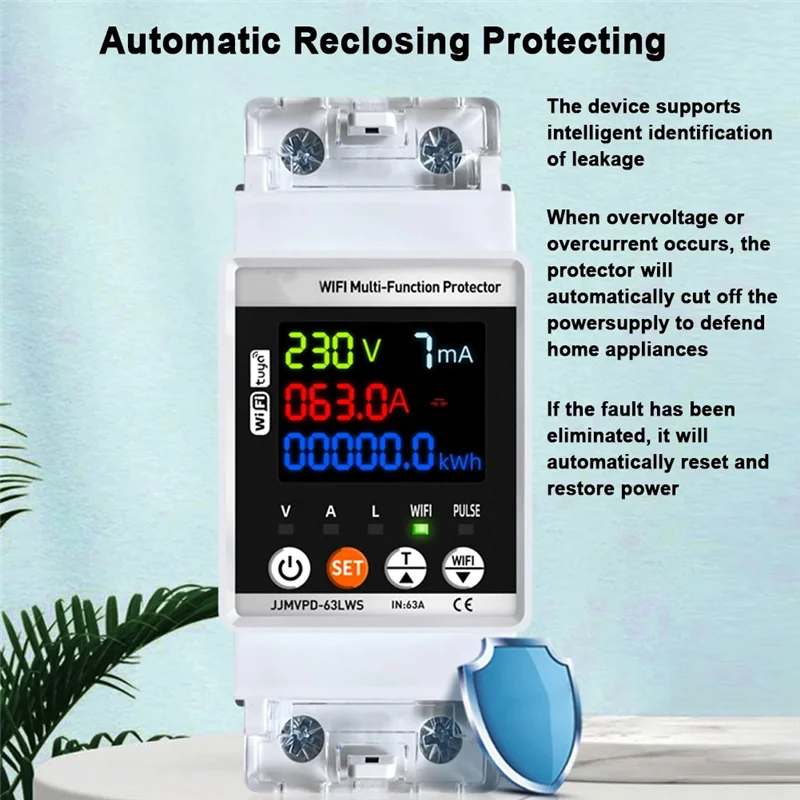 B03B-Tuya Wifi Smart Energy Meter Multifunction Automatic Reclosing Protector Circuit Breaker Voltage Current Leak Protection
