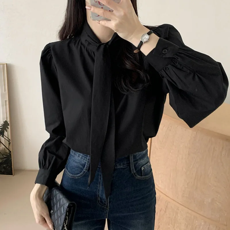 エレガントなリボン襟シャツ女性のための韓国のファッション女性服春女性ルーズブラウス長袖トップス Camisas デ Mujer