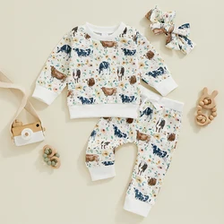 2024-06-26 Lioraitiin Baby Girl 3Pcs Western Outfits Long Sleeve Cow Print Tops + Pants + Headband Set Toddler Clothes