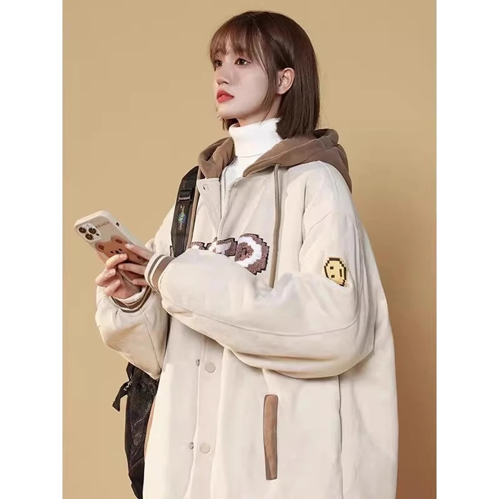 

Large Size 300 Pou Men's Baseball Jaet Autumn Winter Fce Lined Hooded Open Cardigan Loose Fit Trendy Outerwear