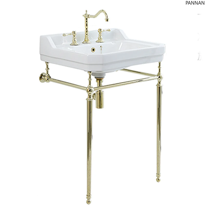 

French retro ceramic floor-to-ceiling bracket basin, bathroom face wash basin, all copper.