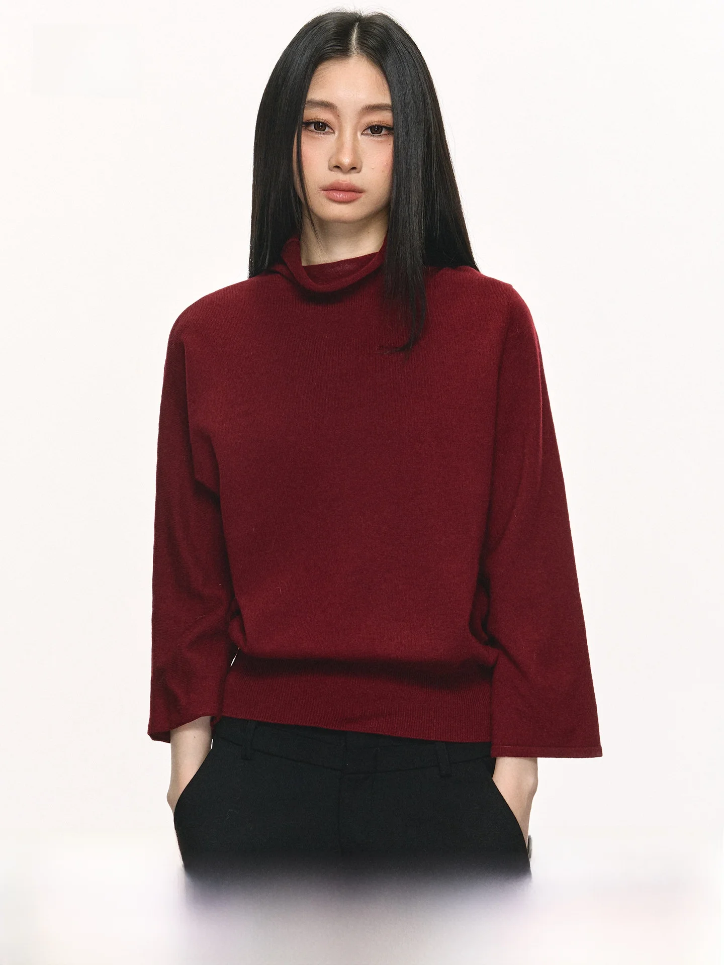 

Anna Aneae Wool Red High Collar Loose Long Sleeve Knitted Sweater Women's Spring Basic Match All Cotton Casual Fashionable