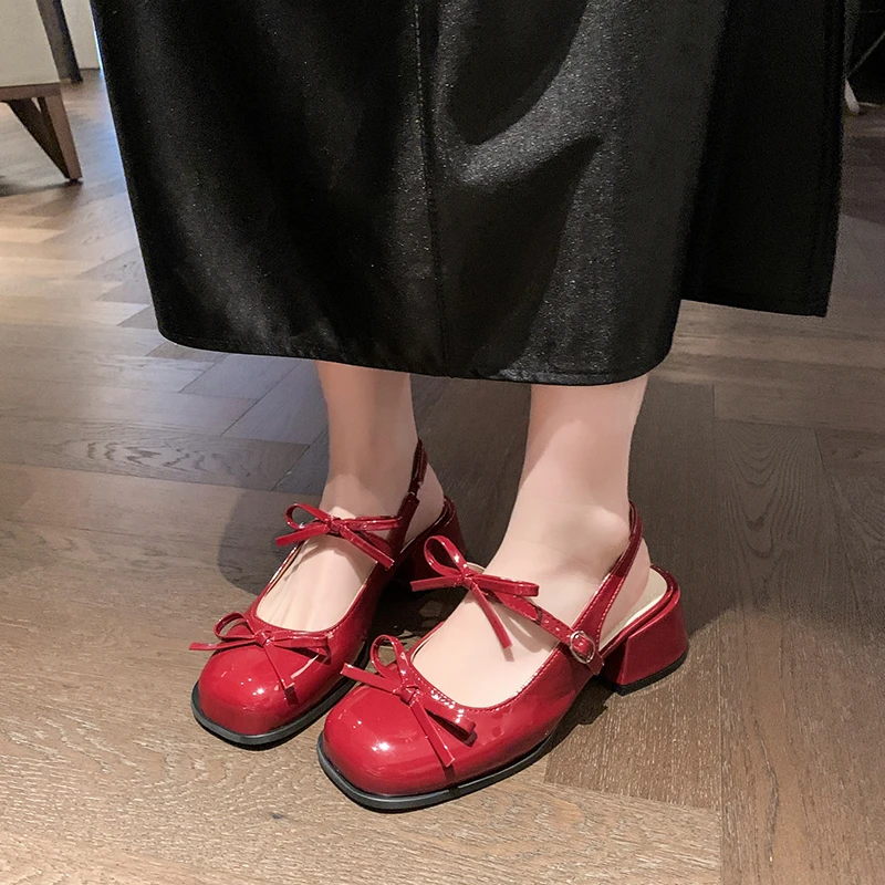 

Block Heel Sandals Autumn New Round Toe Shallow Mouth Bow One Strap Anti-slip Wear-resistant Wrapped Toe Kitten Heels