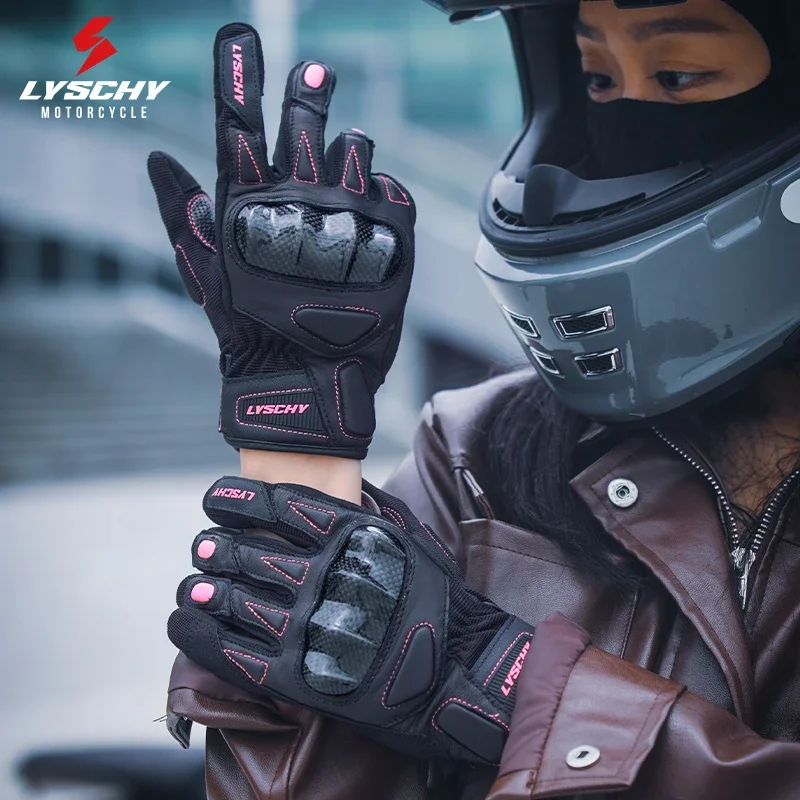 LYSCHY Women Summer Fashion High-end Motocross Carbon Fiber Anti Drop Mtb Goatskin Genuine Leather Breathable Motorcycle Gloves