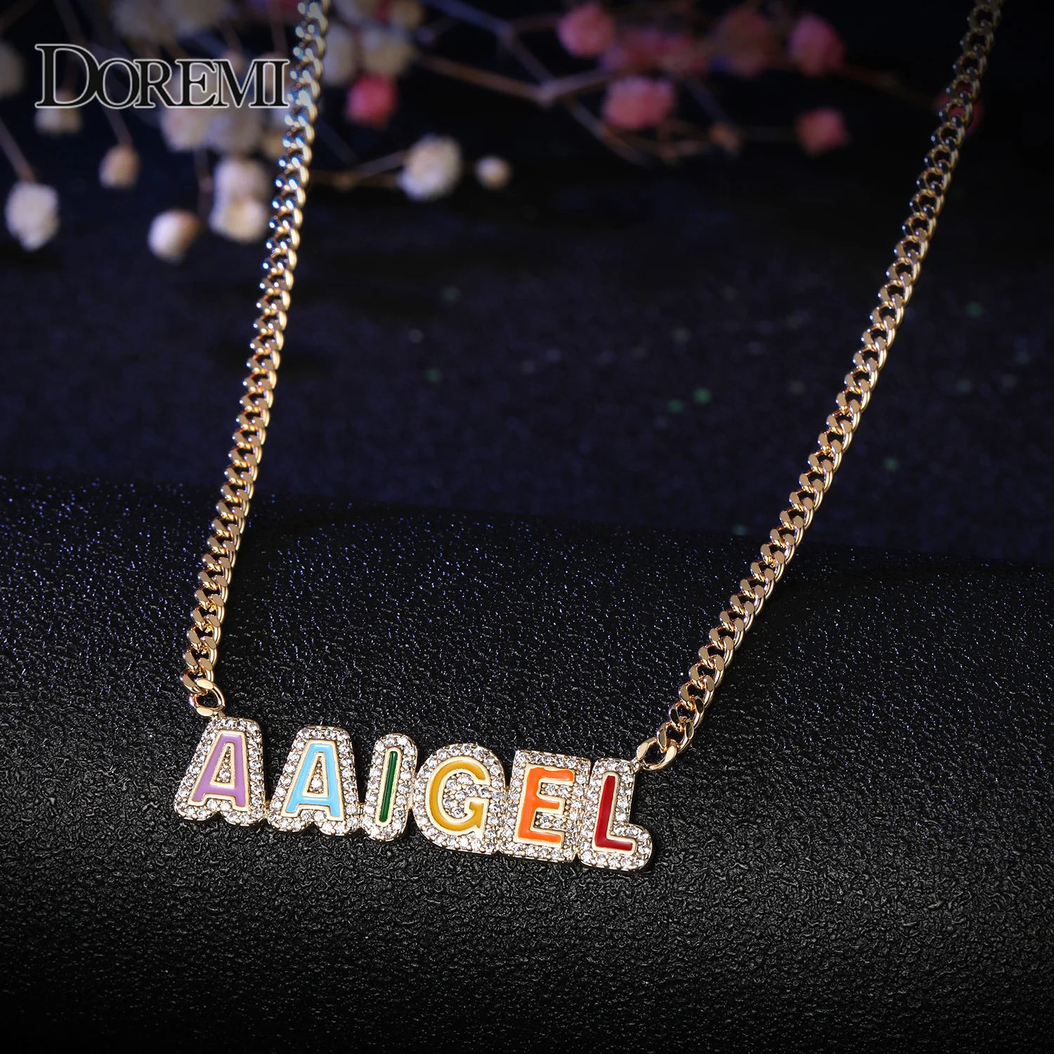 DOREMI Cuban Chain Enamel Name Necklace Iced Out Personalized Custom Letter Necklace Colorful Crystal Pendant Christmas Gift