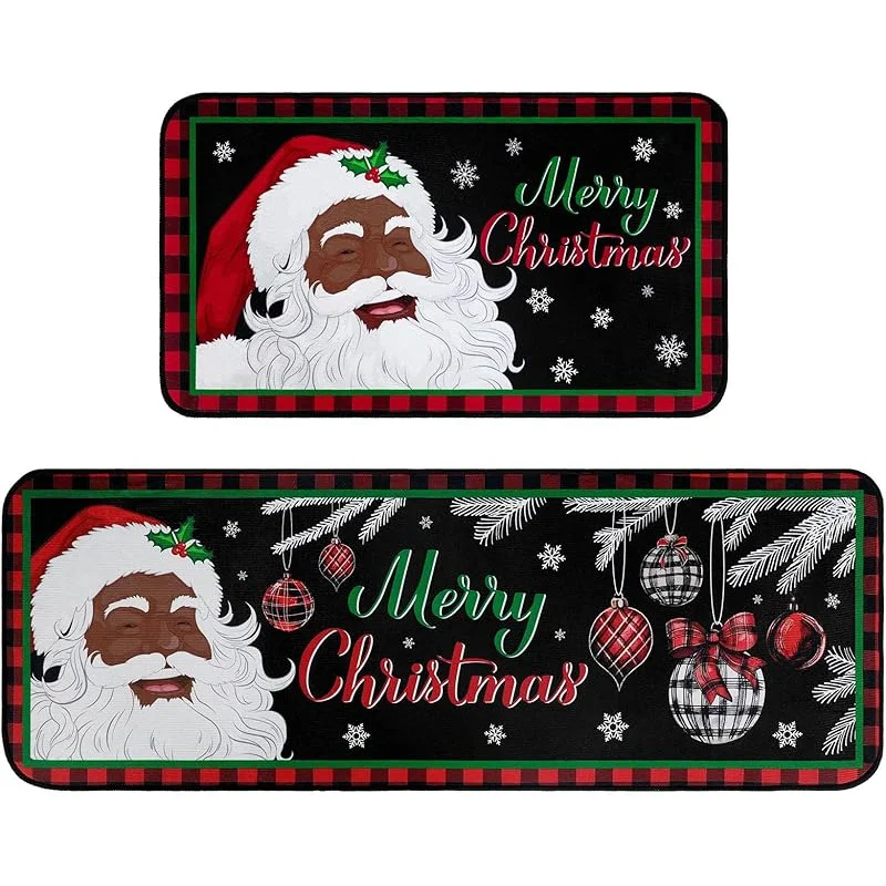 Christmas Dwarf Black 2-piece Kitchen Carpet Buffalo Grid Tree Winter Home Decoration Door Mat 20inX31in 18inX47in