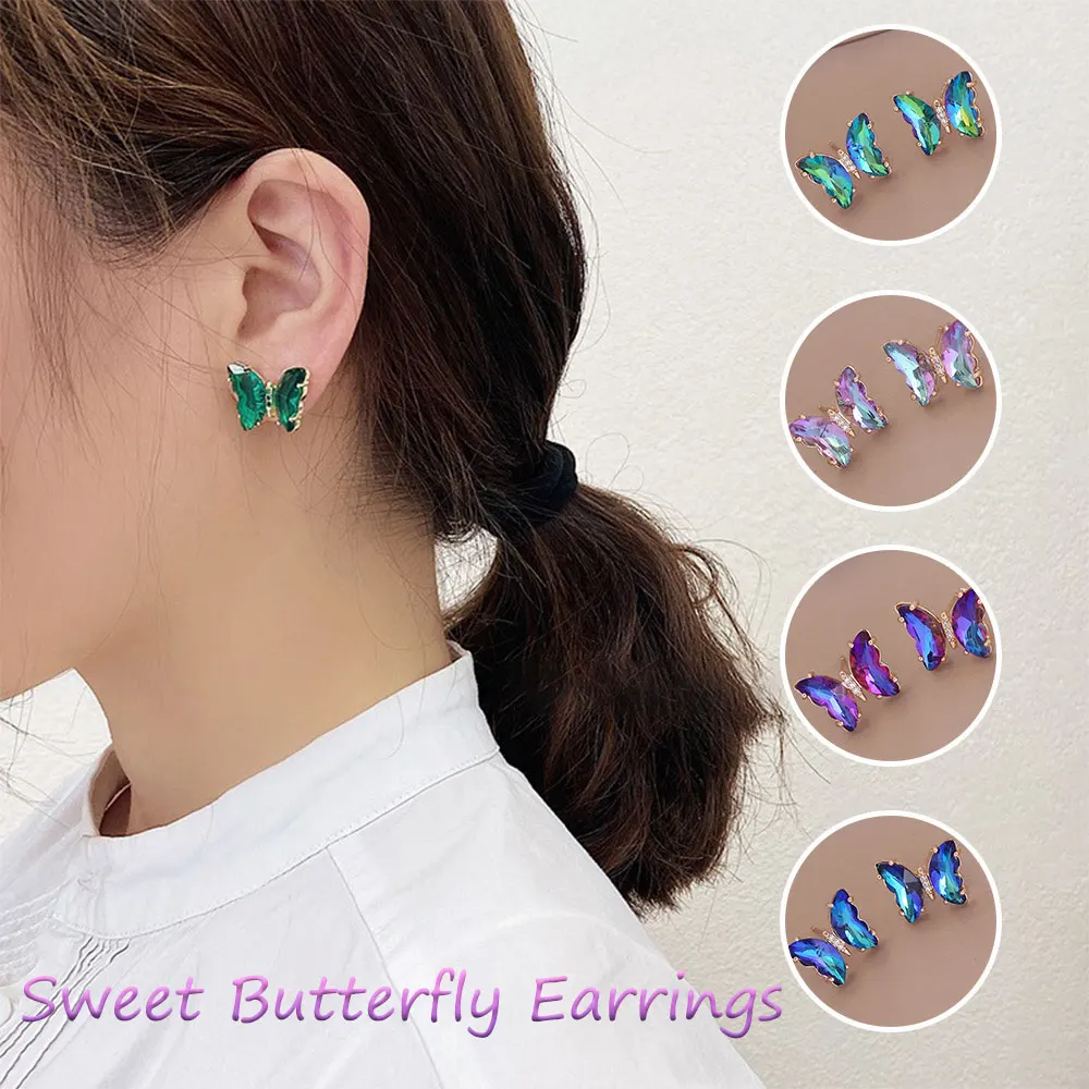 Exquisite Gradient Rhinestone Butterfly Earrings Multi-Color Mini Ear Studs Sweet Ladies Accessories Fashion Ears Jewelry Gifts