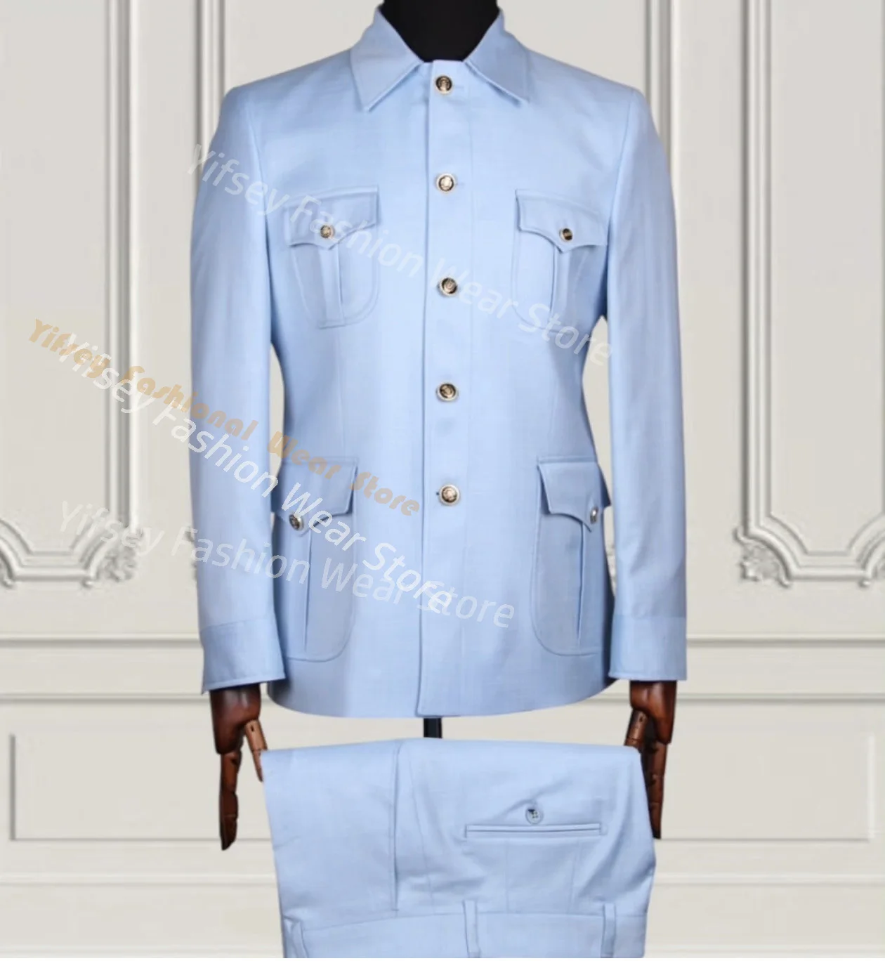 Blue Formal Men's Luxury Suit Blazer Trousers Wearing Big Pocket Wear Tailored Safari Style Jacket 2pc Set Coat Pants Party Wear