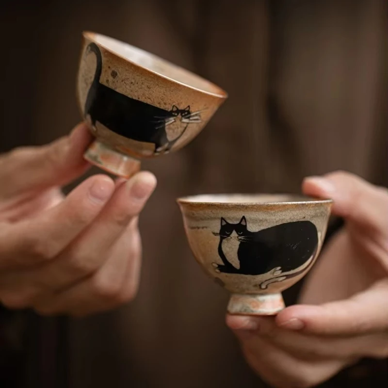 Taza de té de gato negro bonito de 60ml, taza con apertura de cerámica china, tazas hermosas, taza de té, juego de tazas de sake, vajilla para la ceremonia del té
