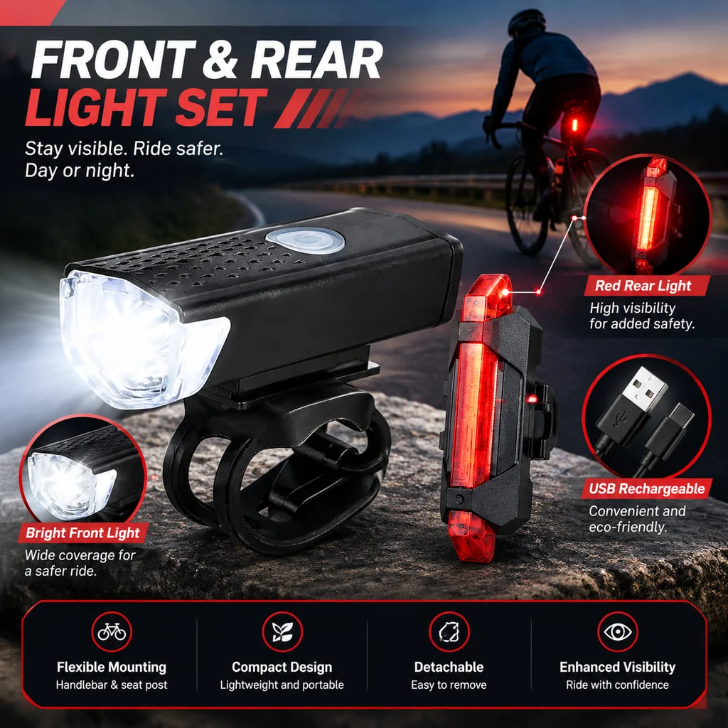 PINMOAP USB Rechargeable Bike Front and Rear Light Set Detachable Safety Warning Lamp for MTB Road Night Riding gallery 2