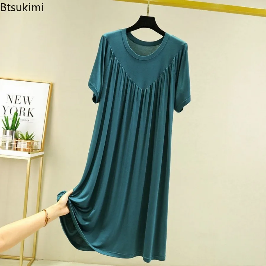 Modal Nightgown Women Cotton Clothes for Summer Loose Large Size Casual Short-sleeved Night Dress Pleated Thin Home Long Dress - view 5