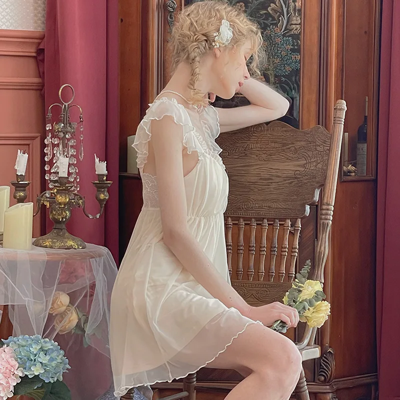 Fairy Summer Mesh Night Dress Princess Sleepwear Nightwear Women Modal V Neck Sleeveless Nightdress Sweet Solid Color Nightgown