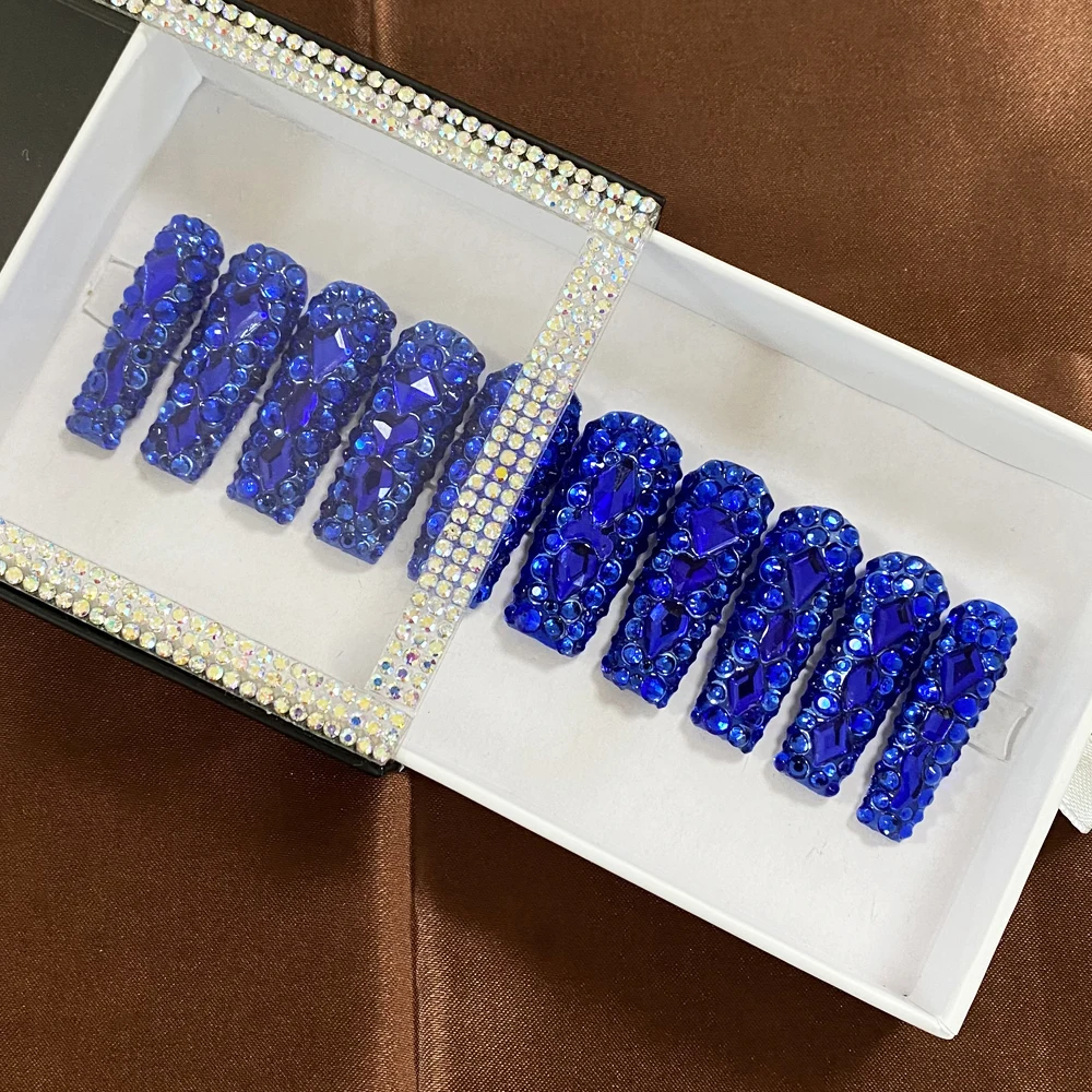 Uñas acrílicas brillantes con diamantes de imitación, uñas de Gel UV hechas a mano, 10 piezas, diseño de salón de belleza