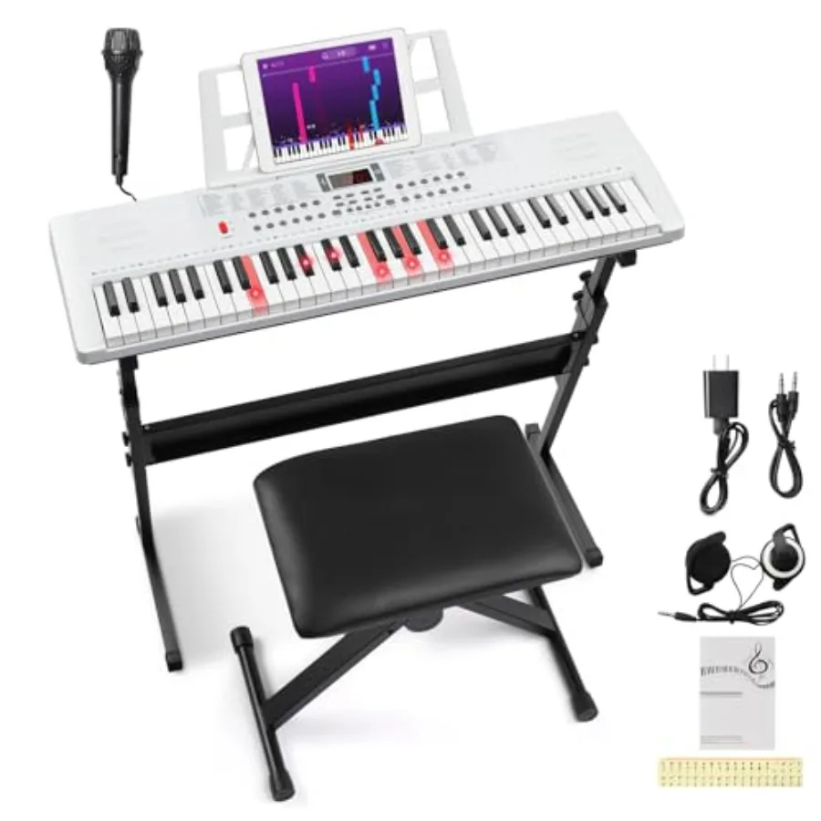 61-key electric piano for home practice, ABS plastic, full-white, lighted keys with beginner-friendly visual guidance