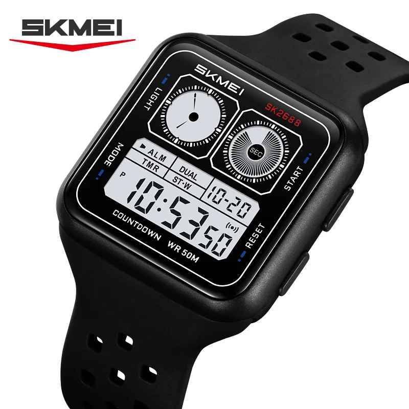 

Мужские спортивные электронные часы SKMEI 2688 с квадратным корпусом, силиконовым ремешком, водонепроницаемые, многофункциональные, с подсветкой LED.