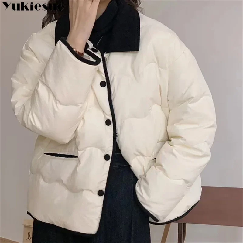 

Women Casual Down Coats 2023 Autumn Winter Korean Fashion Solid Cotton Padded Jacket Long Sleeve Single Breasted Warm Parkas