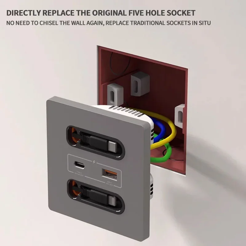 Universal Smart SOCKET 86-Type สีขาวพร้อมสายข้อมูลแบบพับเก็บได้ 20W USB Fast CHARGING AC Outlets สําหรับ iPhone โทรศัพท์ Android