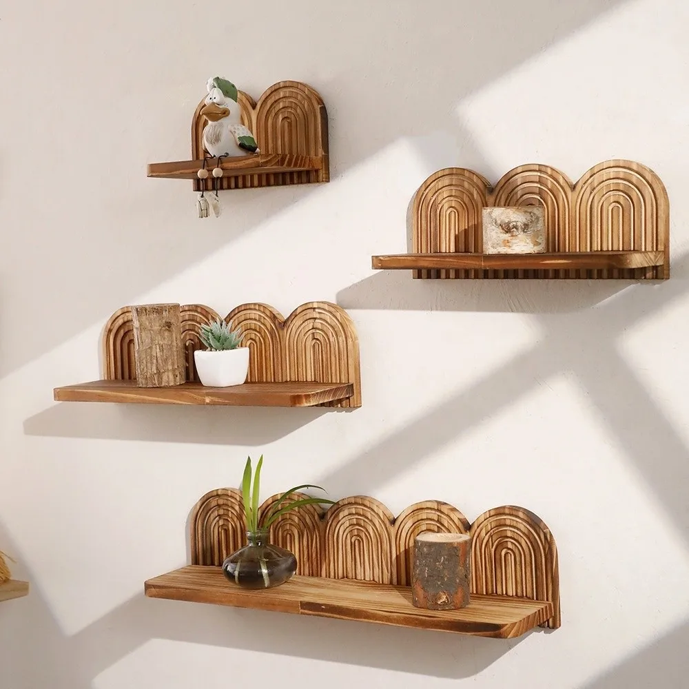 Wall Mounted Boho Wooden Shelves Geometric Rainbow Design Arched Wall Shelves Floating Threaded Multi-Layer