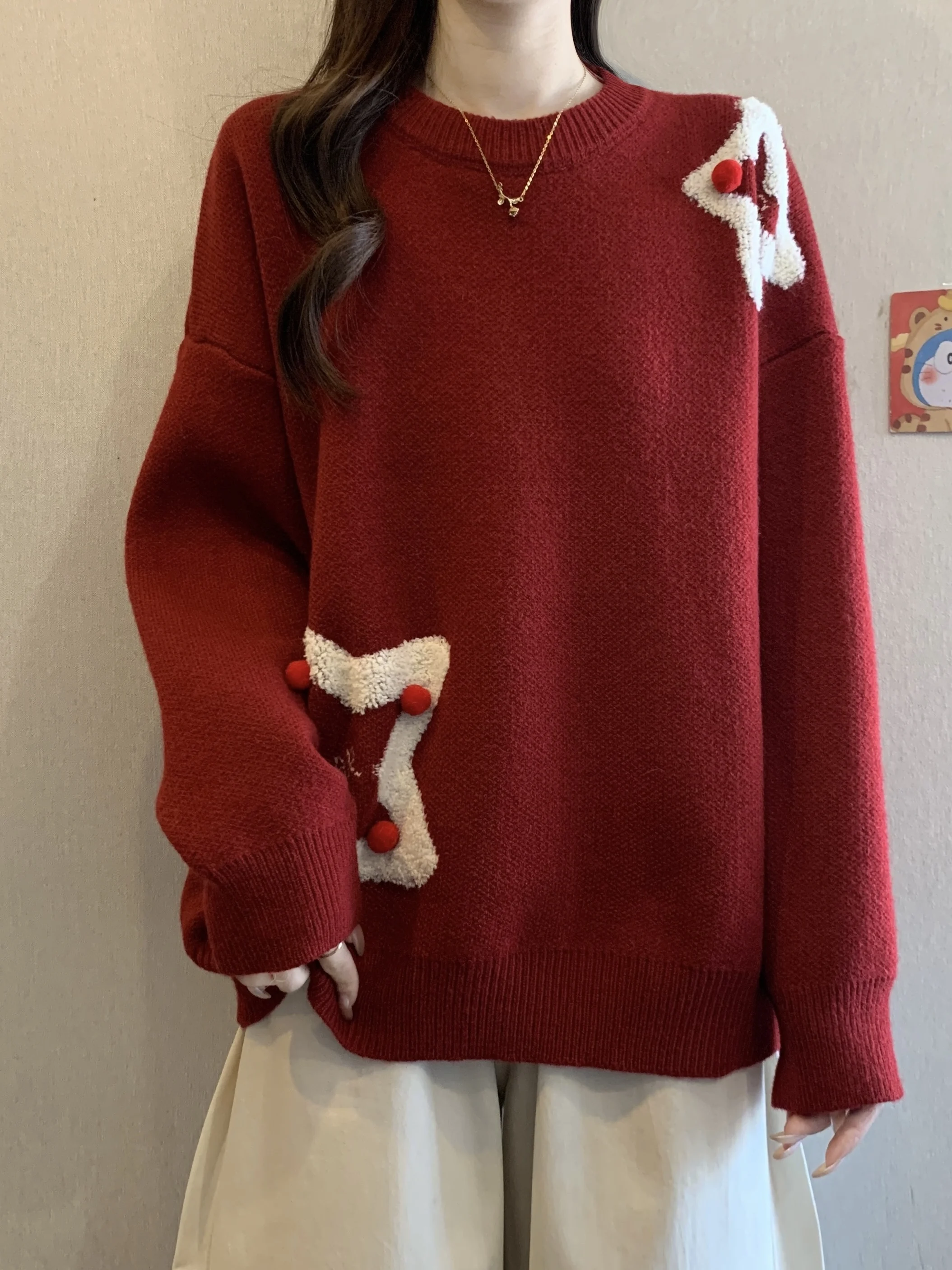 

plus Size Cisas New Year Red Five Pointed Star Sweater Women's Lazy Long Cover Butt Faionable Knitted irt Korean Sle