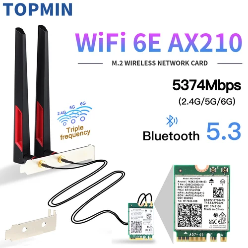 Wifi 6E M.2 AX210 5374Mbps Wifi tarjeta inalámbrica Bluetooth 5,3 802.11ac/ax Tri Band AX210NGW con antenas 10dbi para Win 10/11