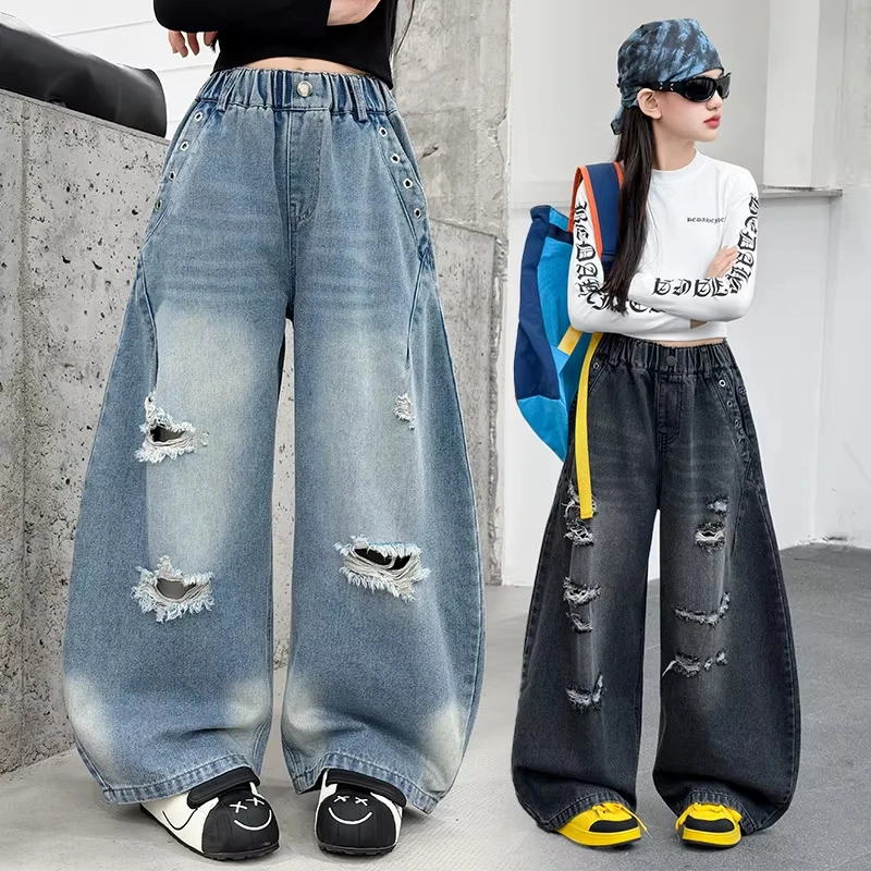 Teenage Girls Fashion Loose Hole Jeans for 4-15 Yrs Streetwear Street Ripped Denim Pants for Kids Clothes School Girls Trousers