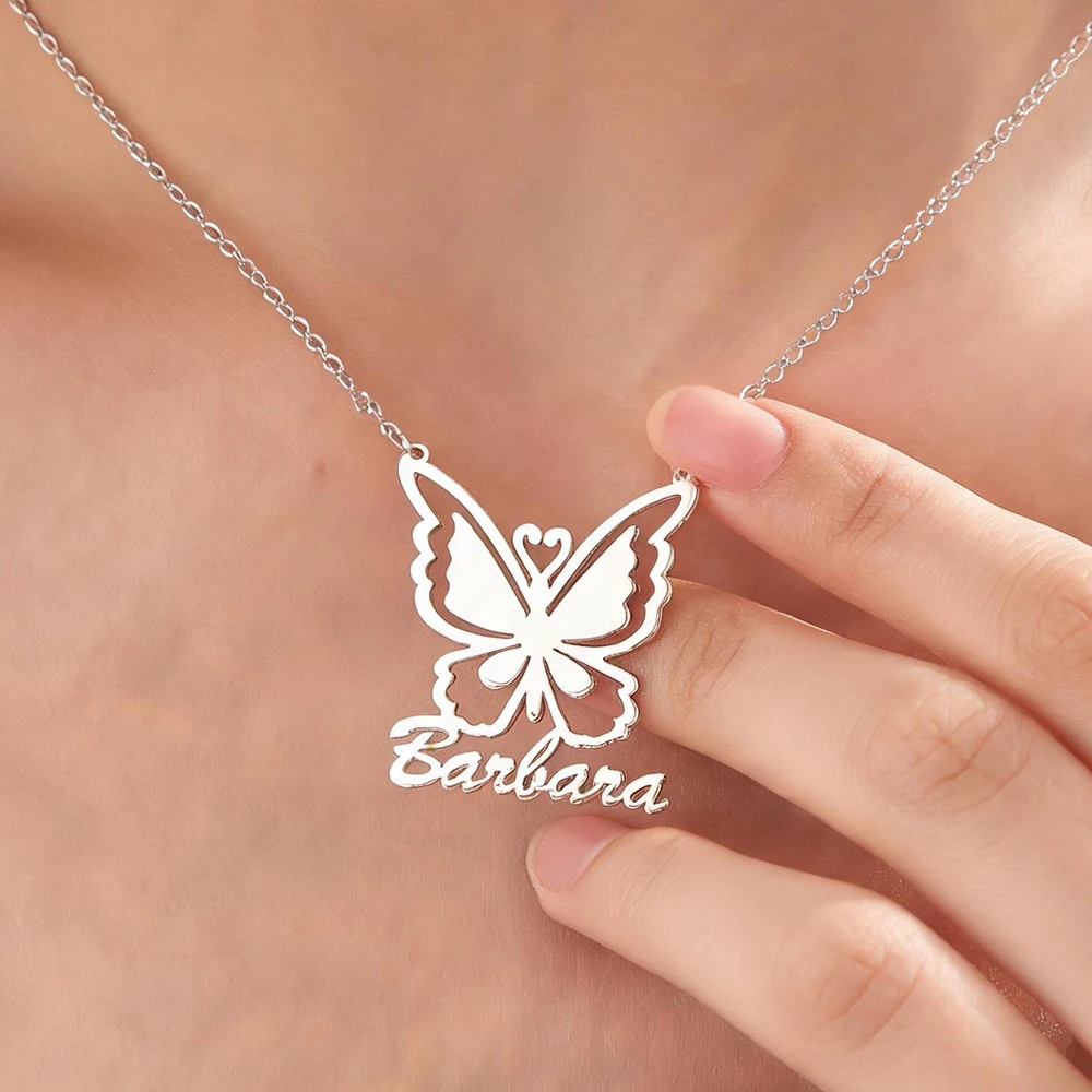 Personalisiertes Schmetterlings-Halsketten- und Ohrring-Schmuckset aus Edelstahl, Schmuckgeschenk für Frauen, personalisiertes Namensschild, Geschenk für Mädchen