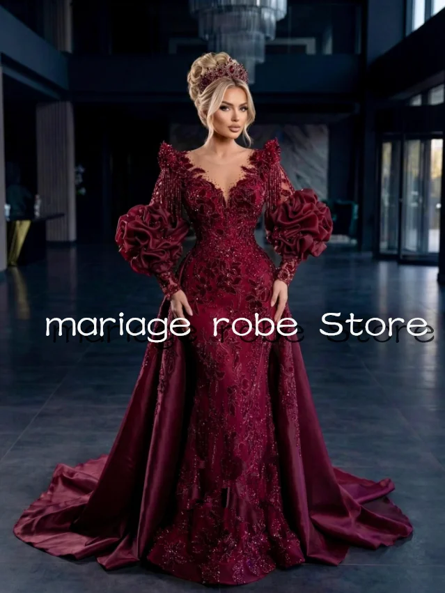 

Блестящее бордовое платье-русалка для выпускного вечера с пышными рукавами, аппликацией из блесток и бахромой, вечернее платье для торжественных мероприятий, на заказ