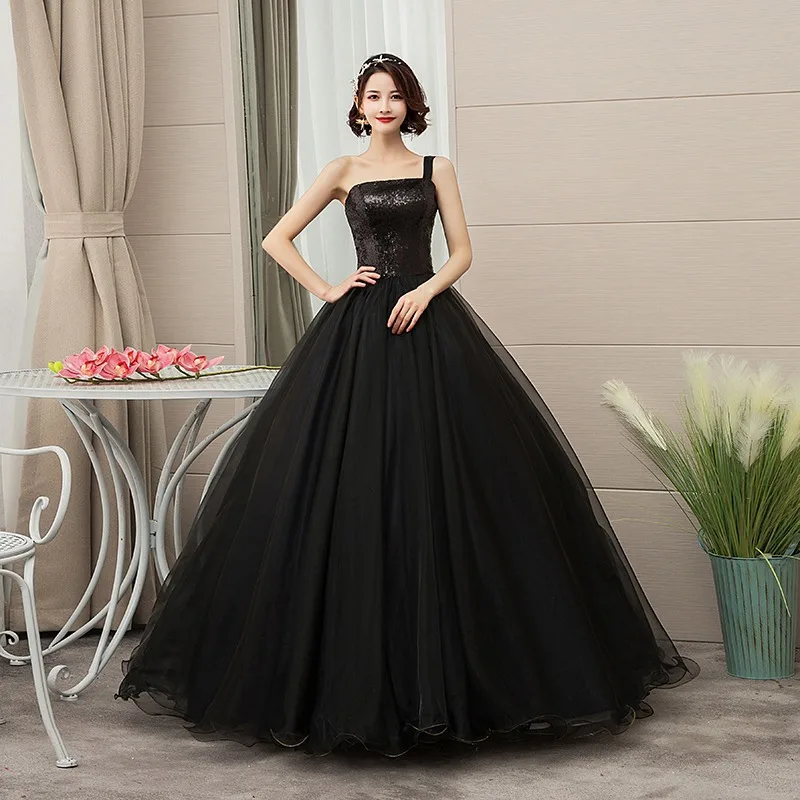 

2026 New Elegant Wedding Dress Black Party Evening Dress Solo Host Performance Long Style Vocal Art Exam Puff Dress Female