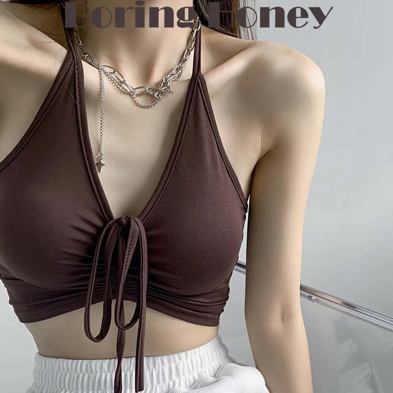 Boring Honey Women Summer Sexy Lacing Halter Tops V-Neck Stay Cord Fold Base Shirt Solid Color Sling Backless Women's Clothes