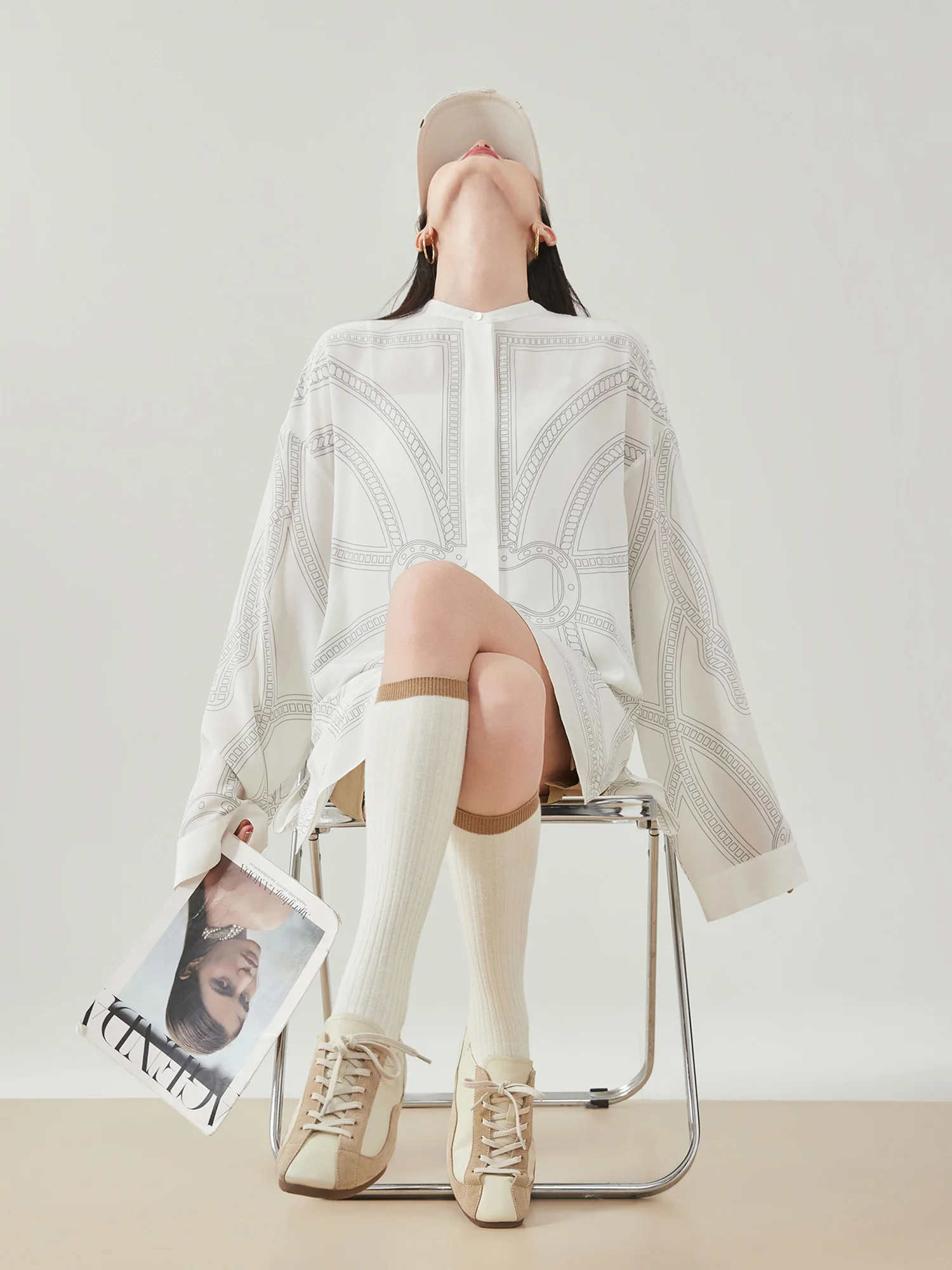 

White Rope Positioning Print irt Women's Loose Versatile Ele Spring 2026 Commute Sle Polyester Fiber Long Sve