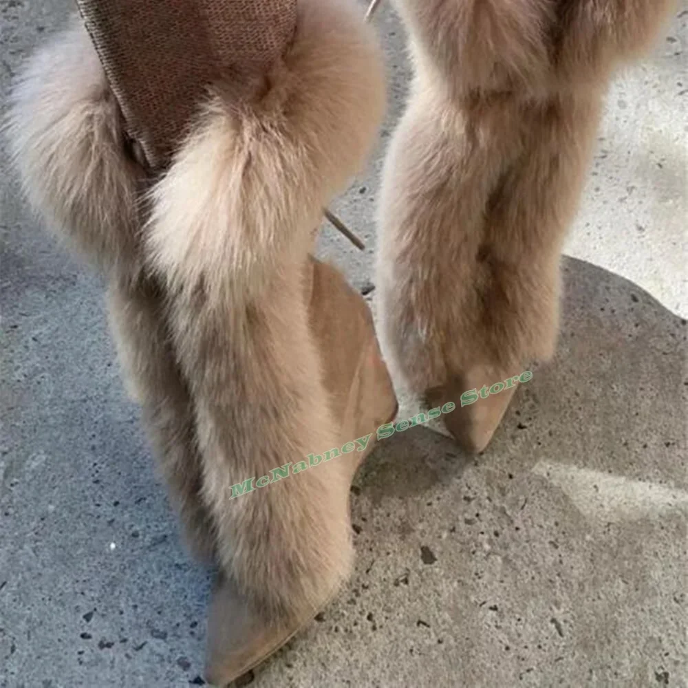 Suede Pointed Toe Boots Wedges High Heels Solid Fur Lace Up Straps Mid Calf Boots Women Winter Shoes Warm Big Size Designer New
