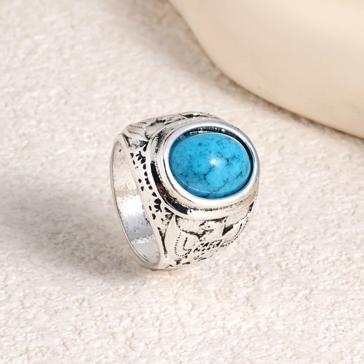 Huaya Vintage Men's Imitation Turquoise Ancient Silver Carving Ring Classic Traditional Personality Ring Jewelry Accessories - Image 3