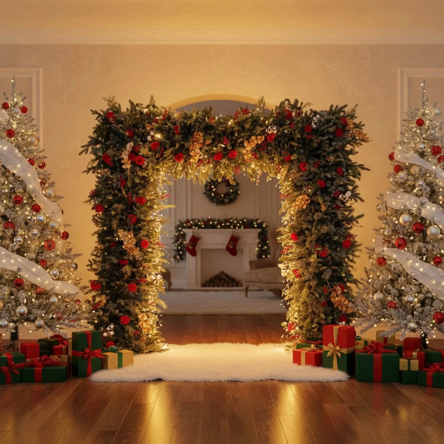 Uflower Christmas Green Plant Leaves & Flower Bouquet Arch Shaped Decoration Artificial Flowers Display Item Festive Scenari