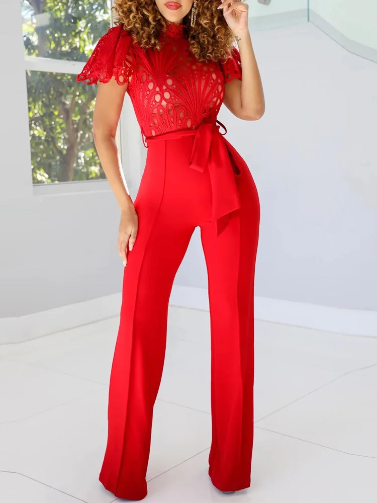 

Women Slim Fit Jumpsuits Hollow Out Short Sleeve Fashion Loungewear Lace-Up Bodysuits Elegant Wide Leg Pants Streetwear Overalls