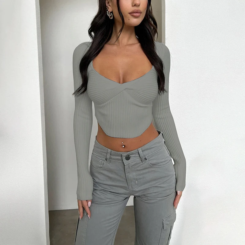 Frauen T-shirt Frühjahr Neue Sexy Low Brust Crop Top Beiläufige Dünne Feste T-Shirt Mit Langen Ärmeln Streetwear Gestrickte Pullover Dame T-shirt