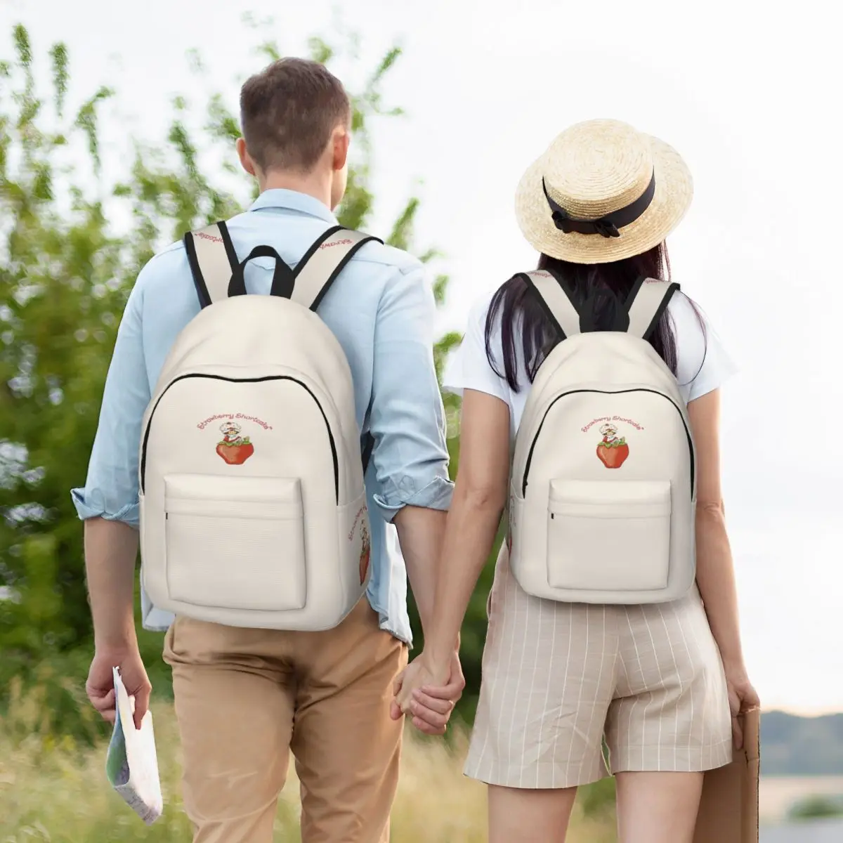 Mochila com bolso para adolescentes, bolsa de ombro portátil para homens e mulheres, bolo de morango, escola secundária, caminhadas, mochila