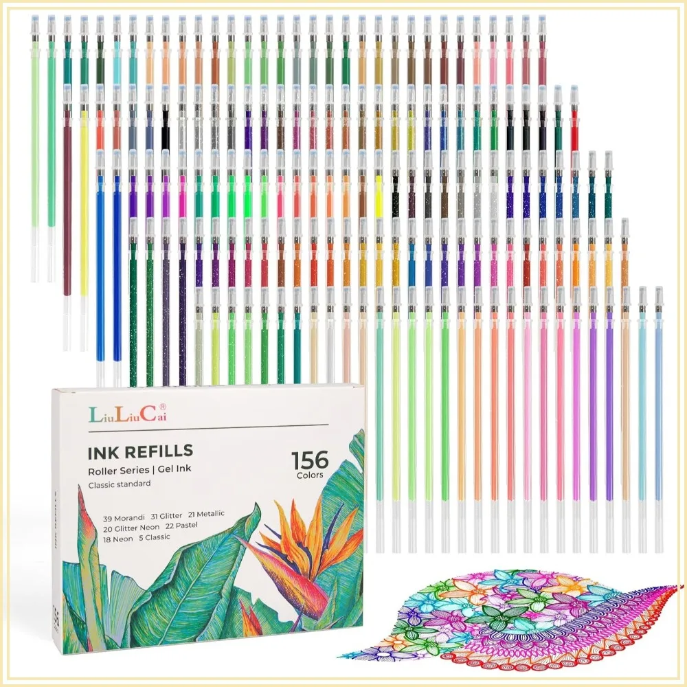 

156 Colors Glitter Gel Pen Refills, Metallic Neon Ink for Adults Coloring, Smooth Writing Art Supplies