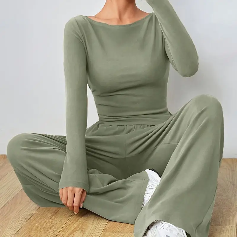 Autumn Comfy Tracksuits Women Slim Fit O-neck Long Sleeves Crop Yoga Tops with High Waist Loose Wide-leg Sweat Pants Activewear