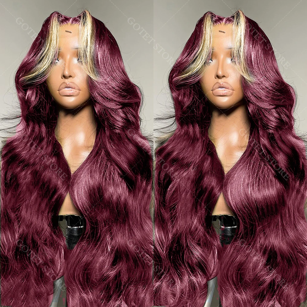 バーガンディ 613 ハイライト ウィッグ ブロンド 13x4 HD バーガンディ合成レース フロント ダークレッド ボディ ウェーブ