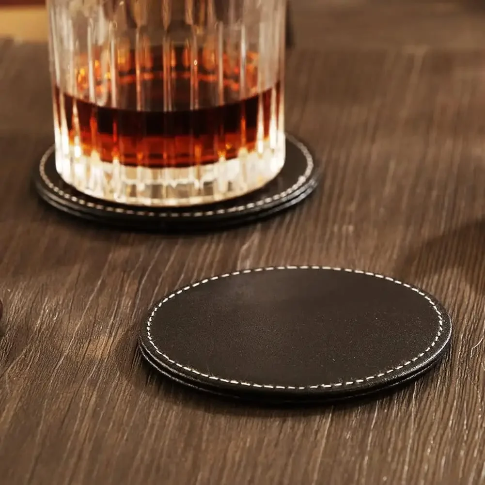 6Pcs Black & Coffee PU Leather Coasters with Holder – Tabletop Protection for Coffee Cups & Mugs Ideal for Bar, Kitchen & Dining