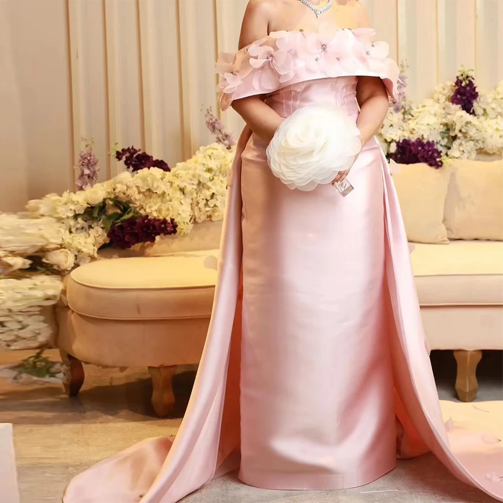 

Fashion 3D Flowers Evening Dresses Elegant Off the Shoulder Pink Satin Customized Celebrity Gowns Special Occasion Gowns