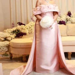 Fashion 3D Flowers Evening Dresses Elegant Off the Shoulder Pink Satin Customized Celebrity Gowns Special Occasion Gowns