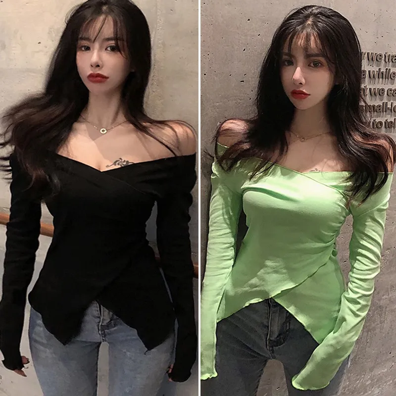 Off Shoulder Pullover Women Autumn Long Sleeve Sweet Tee Tops Sexy Slim V neck T-shirt Elegant Casual Thin Skinny Crop Tops