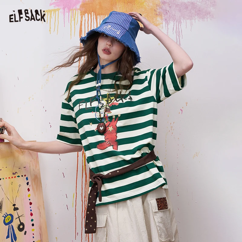 

ELFSACK Cute Striped T-Shirt with Cartoon Print, Short Sleeve Tee with Drop Shoulder, Loose Summer Top for Women‘s Daily Outfit