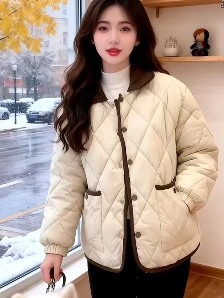 

Свободная стеганая хлопковая куртка с двойными карманами и ромбовидным узором в корейском стиле для женщин, модная для повседневной носки