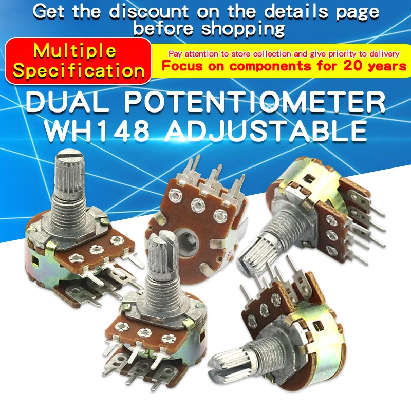 5Pack 2K 5K 10K 20K 50K 100K 500K 6Pin 15mm Potentiometer WH148 Double Linear Taper Rotary Potentiometer