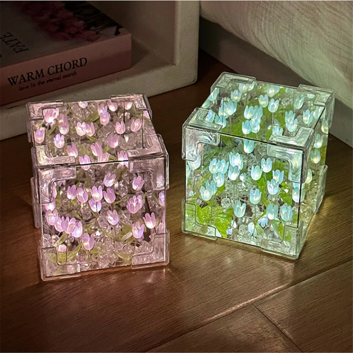 A07I DIY Tulip Mirror Cube Lamp Simulation Flower Bedroom Sleeping Table Handmade Tulip Small Night Light Gift PINK