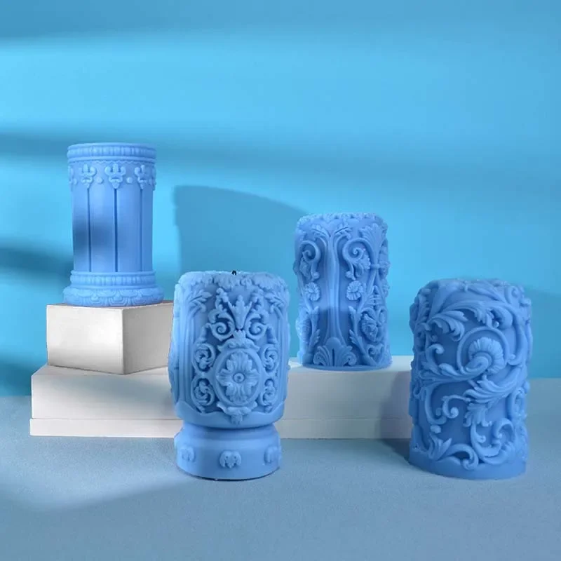 Carved Roman Column Candle Silicone Mold Flower Relief Cylinder Soap Resin Plaster Making Mould Home Art Decor Gift