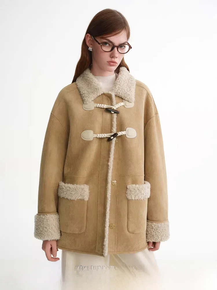 

Snowy Lacape Filter Большой размер Женская шуба из ягненка Осень-зима Теплая шуба из искусственного меха Дизайн на пуговицах для поездок на работу Sle